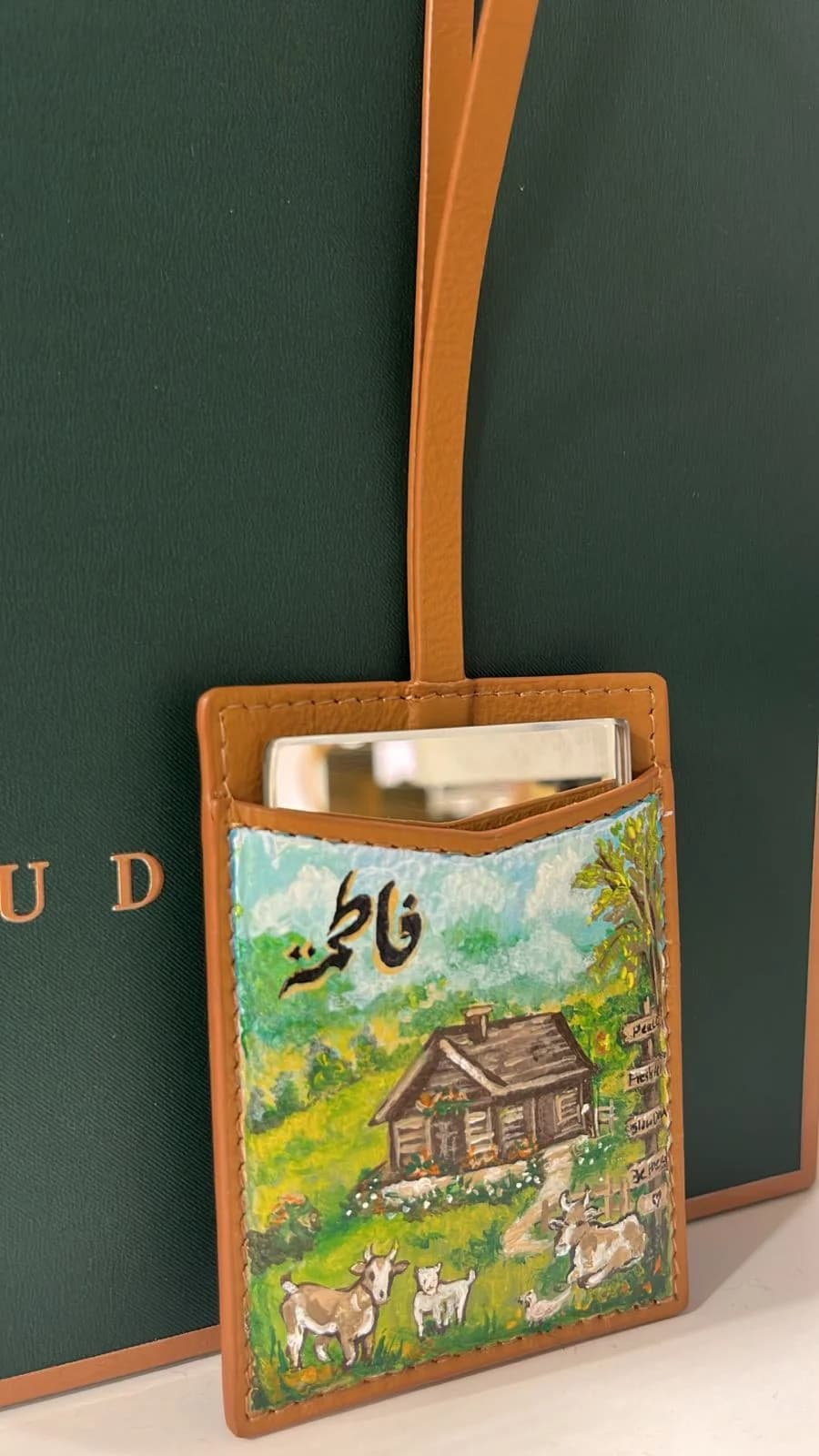 Mirror Pouch personalized with hand-painted pastoral scene and Arabic name
