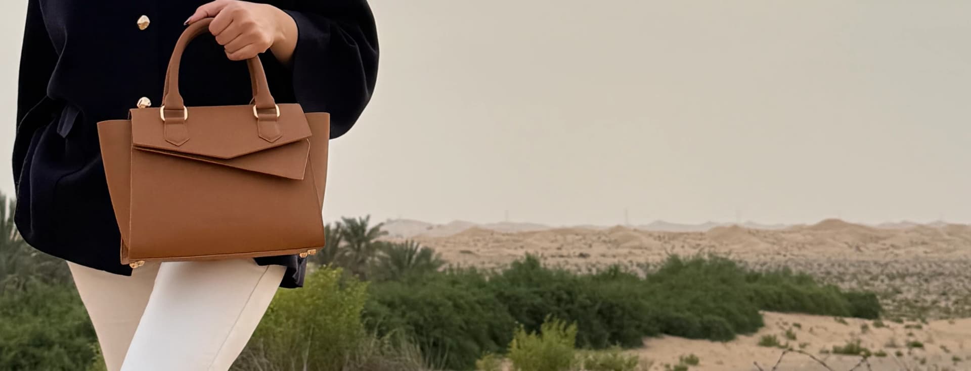 Woman holding Handbag ÉdÉ against Abu Dhabi desert oasis panorama